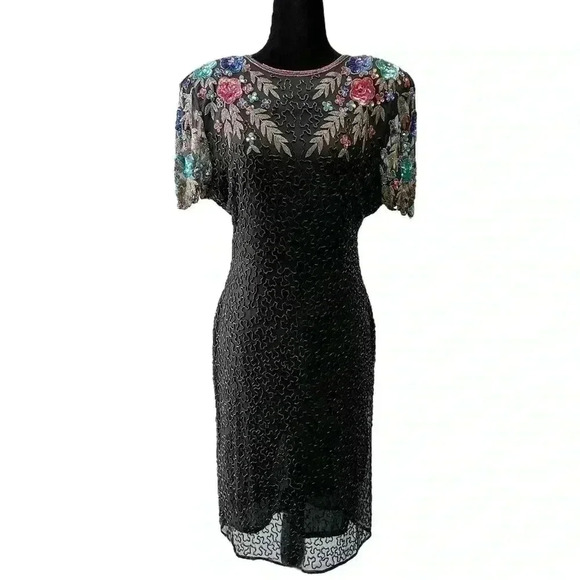 SCALA Sequin Beaded Cocktail Evening Dress Black Multi Colour Open  Back Medium - Picture 1 of 15